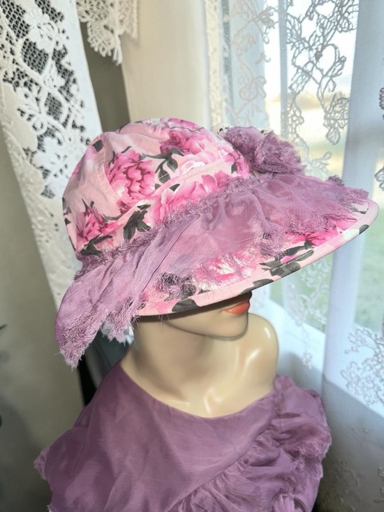 Floral Wide Brim Hat Pink Purple Lace Appliqués Shabby Chic Boho Women OS new main image 7
